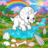 Baby-Triceratops in einer bunten Dino-Welt zum Ausmalen