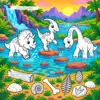 Dino-Freunde in einer bunten Wasserlandschaft zum Ausmalen