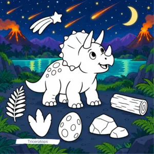 Triceratops in einer bunten Nachtlandschaft zum Ausmalen