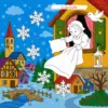 Frau Holle in einer bunten Winterlandschaft zum Ausmalen