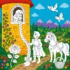 Rapunzel mit Prinz und Pferd in einer bunten Märchenwelt zum Ausmalen