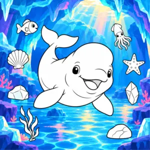 Beluga-Ausmalbild in einer bunten Unterwasserwelt