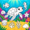 Meeresschildkröten-Ausmalbild in einer bunten Unterwasserwelt