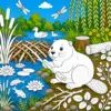Biber am Wasser in einer bunten Waldwelt zum Ausmalen