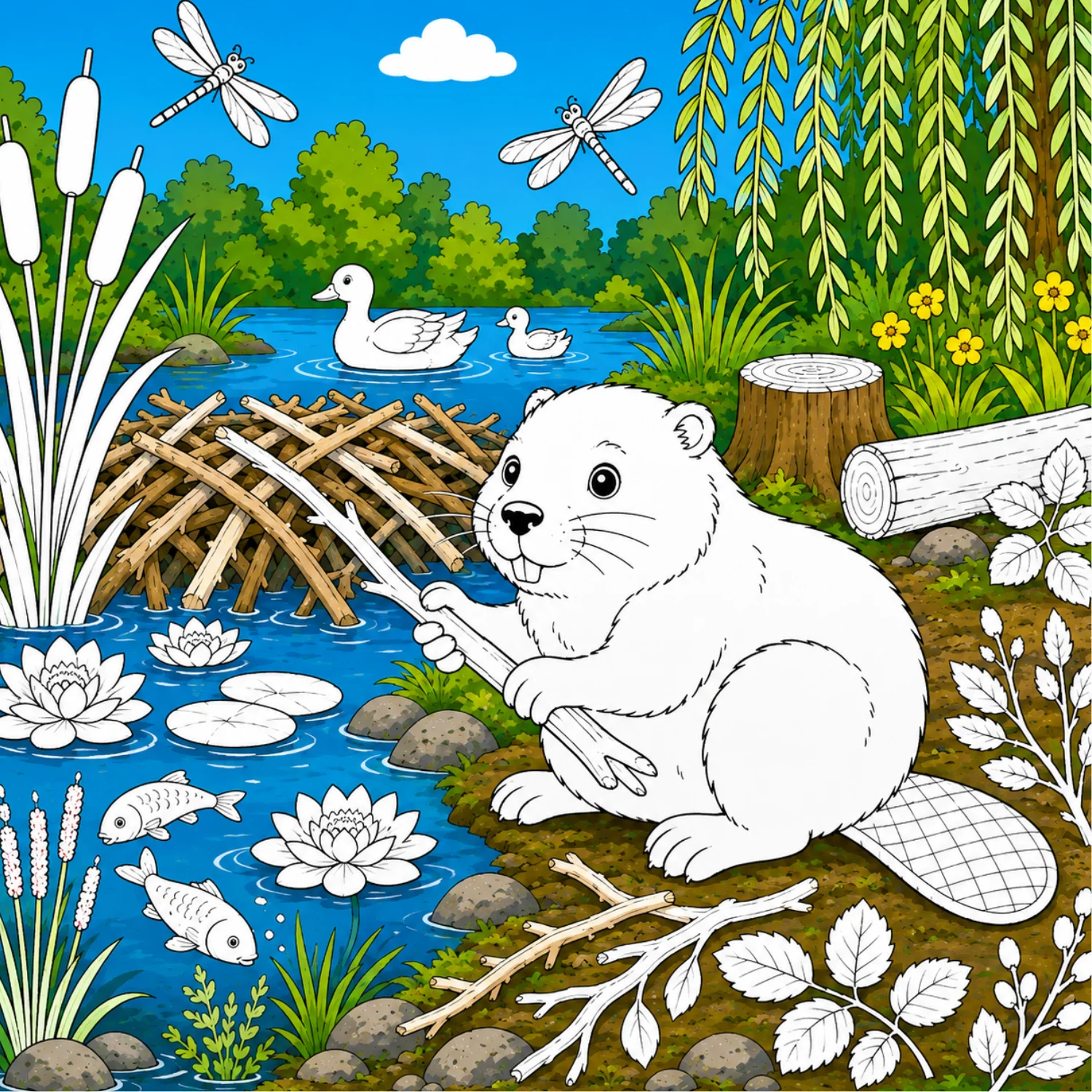 Biber am Wasser in einer bunten Waldwelt zum Ausmalen