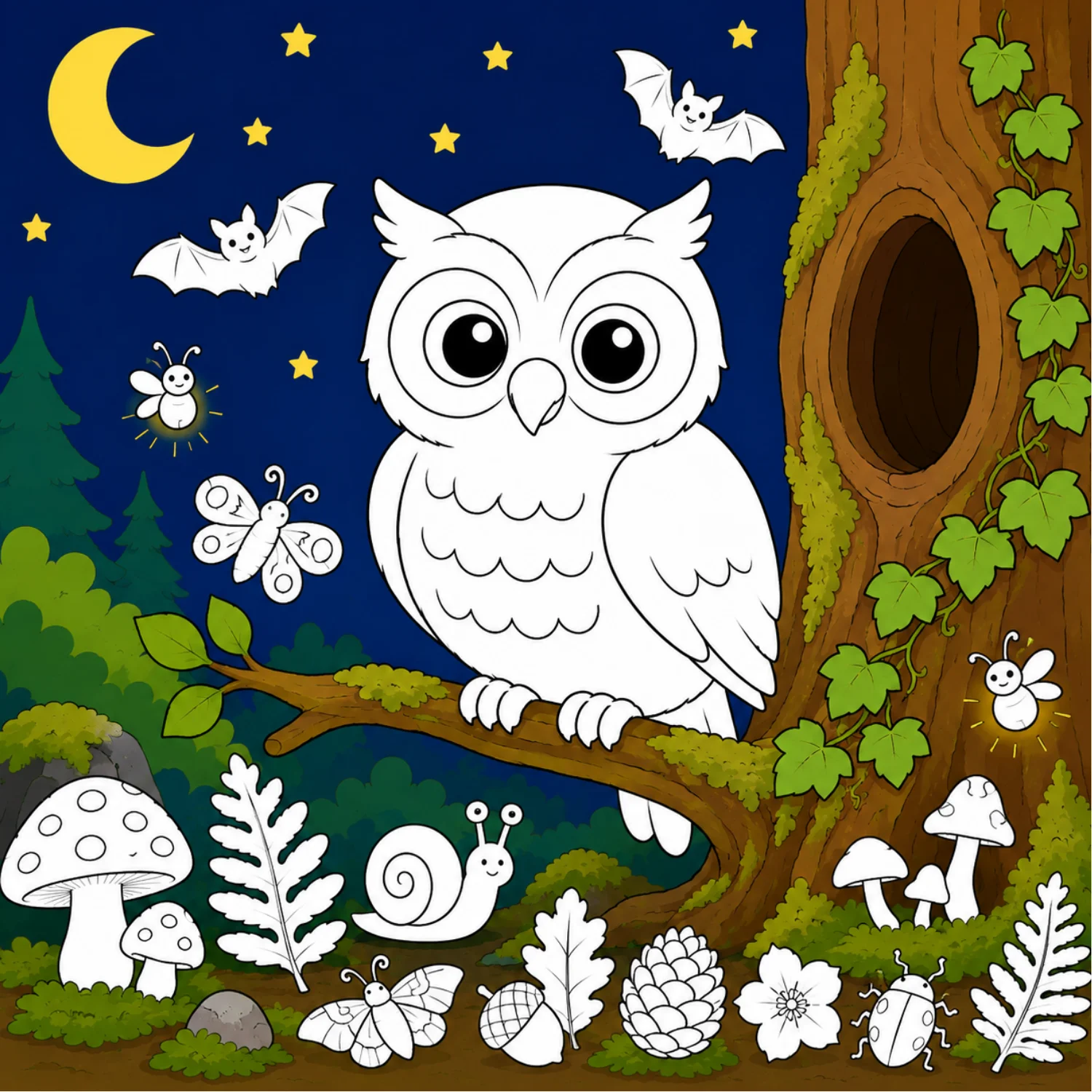 Eule in einer bunten Waldlandschaft bei Nacht zum Ausmalen