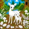 Reh mit Kitz in einer bunten Waldwelt zum Ausmalen