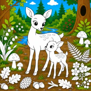 Reh mit Kitz in einer bunten Waldwelt zum Ausmalen
