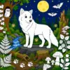 Wolf in einer bunten Waldlandschaft bei Nacht zum Ausmalen