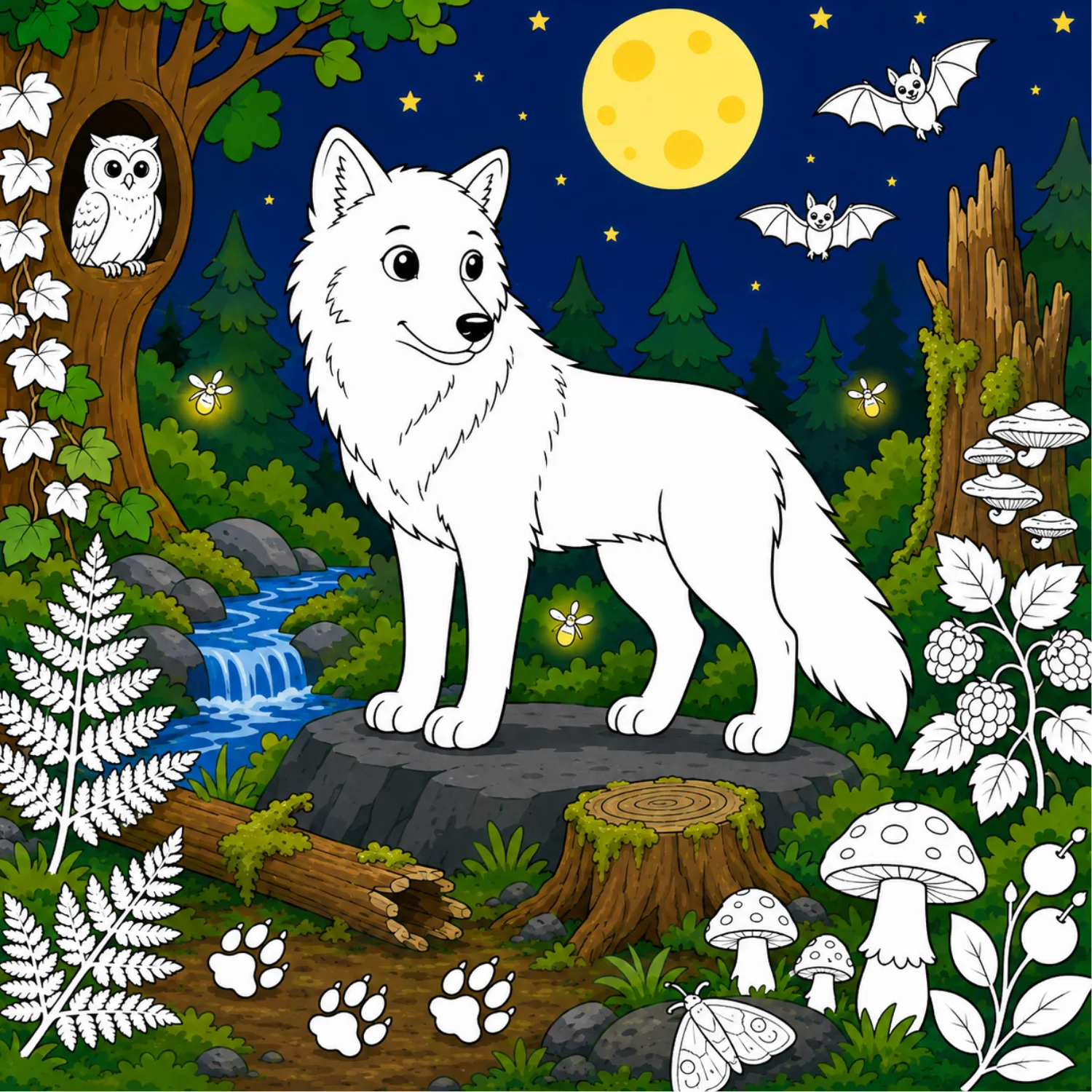 Wolf in einer bunten Waldlandschaft bei Nacht zum Ausmalen