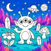 Alien in einer farbenfrohen Weltraumwelt zum Ausmalen