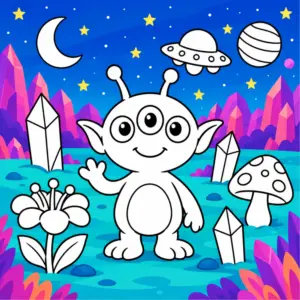 Alien in einer farbenfrohen Weltraumwelt zum Ausmalen