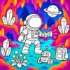 Astronaut in einer bunten Kristallhöhle im Weltraum zum Ausmalen