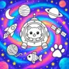 Weltraumkatze in einer bunten Galaxie zum Ausmalen