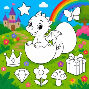 Drachenbaby im Ei in einer bunten Zauberwelt zum Ausmalen