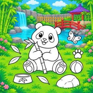 Panda mit Bambus in einer bunten Zoowelt zum Ausmalen