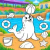 Seelöwe mit Ball in einer bunten Zoowelt zum Ausmalen