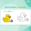 Bunte Vorlage mit Badeente und Boot und passendes Ausmalbild aus Mein erstes Malbuch – Lieblingsmotive