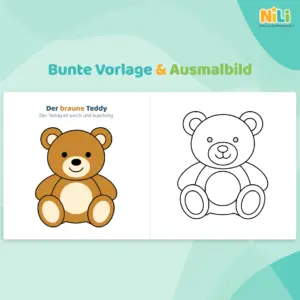 Bunte Teddy-Vorlage und passendes Ausmalbild aus Mein erstes Malbuch – Lieblingsmotive