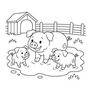 Schweinefamilie als Ausmalbild im Malbuch Bauernhof