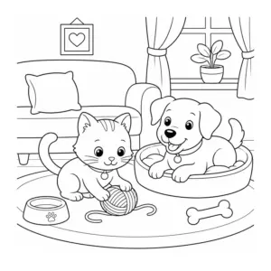 Hund und Katze als Ausmalbild im Malbuch Haustiere