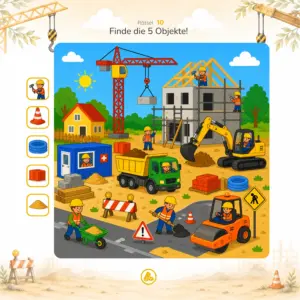 Suchrätsel mit 5 versteckten Objekten im Malbuch Baustelle