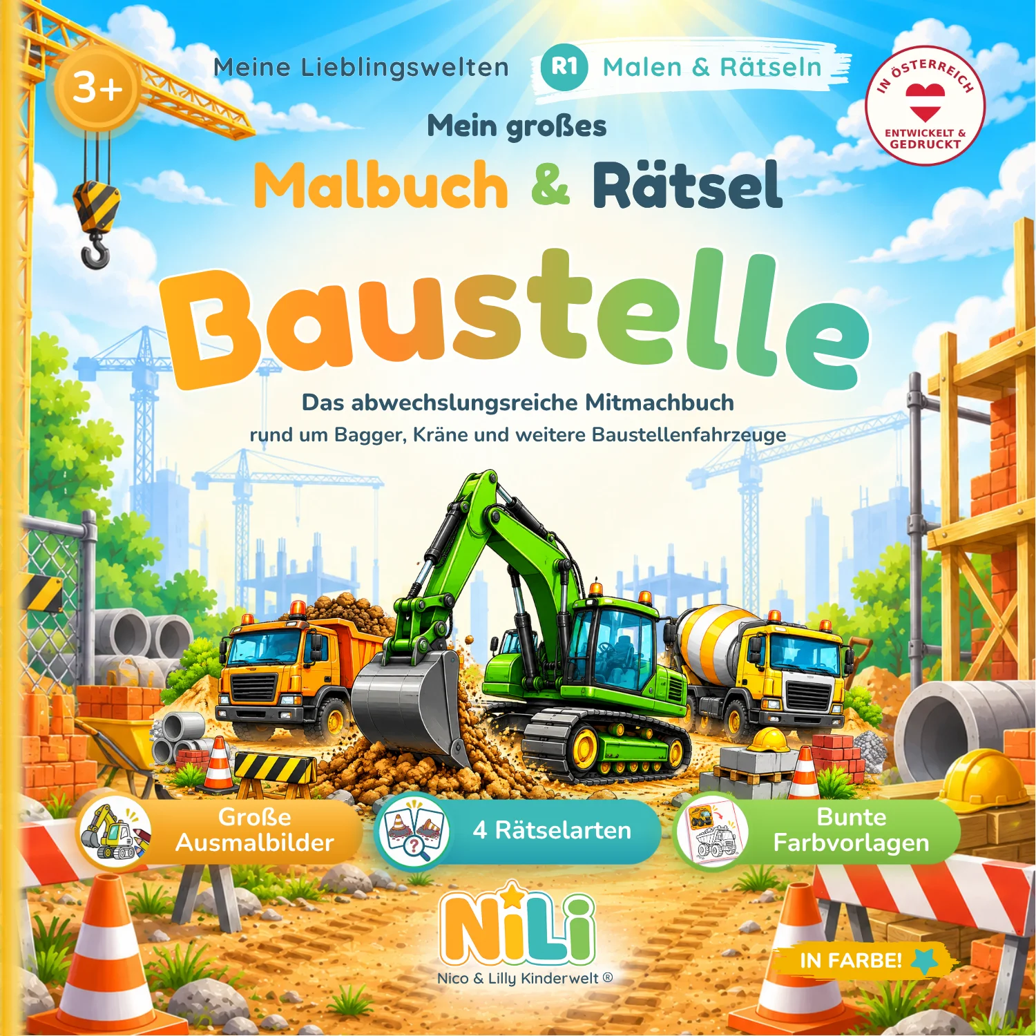 Malbuch Baustelle für Kinder – Mein großes Malbuch & Rätsel von Nico & Lilly