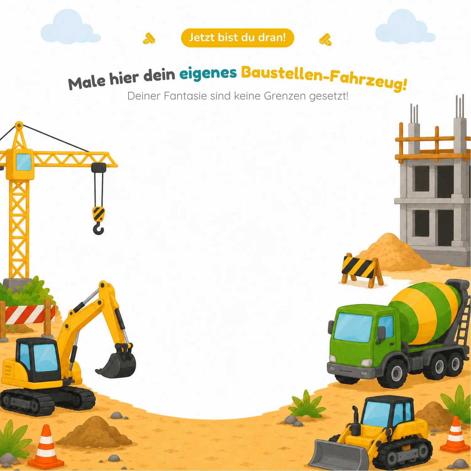 Male dein eigenes Baustellen-Fahrzeug – Kreativseite im Malbuch Baustelle
