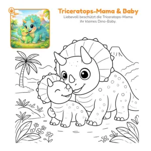 Triceratops-Mama mit Dino-Baby als Ausmalbild im Malbuch Dinosaurier