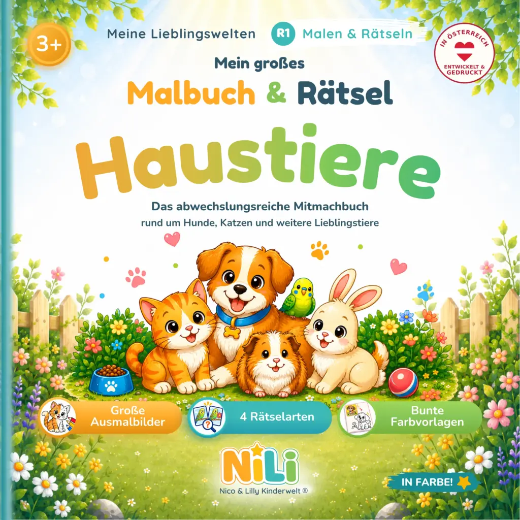 Malbuch Haustiere für Kinder – Mein großes Malbuch & Rätsel von Nico & Lilly