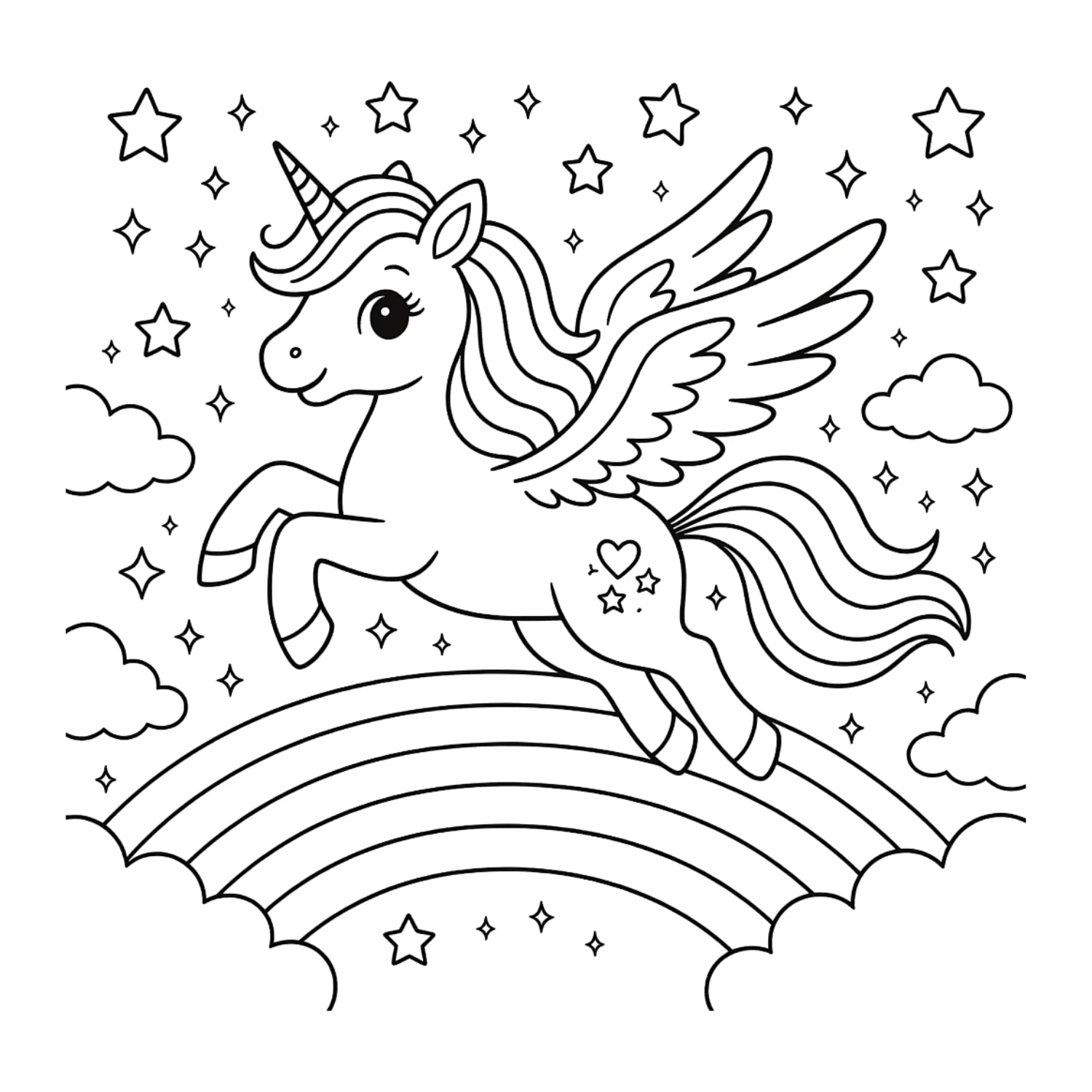Geflügeltes Einhorn als Ausmalbild im Malbuch Zauberwelt