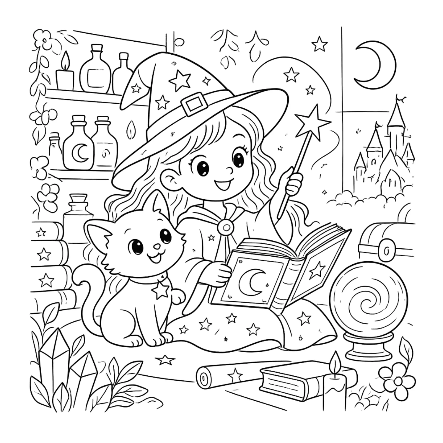 Zauberin mit Katze als Ausmalbild im Malbuch Zauberwelt