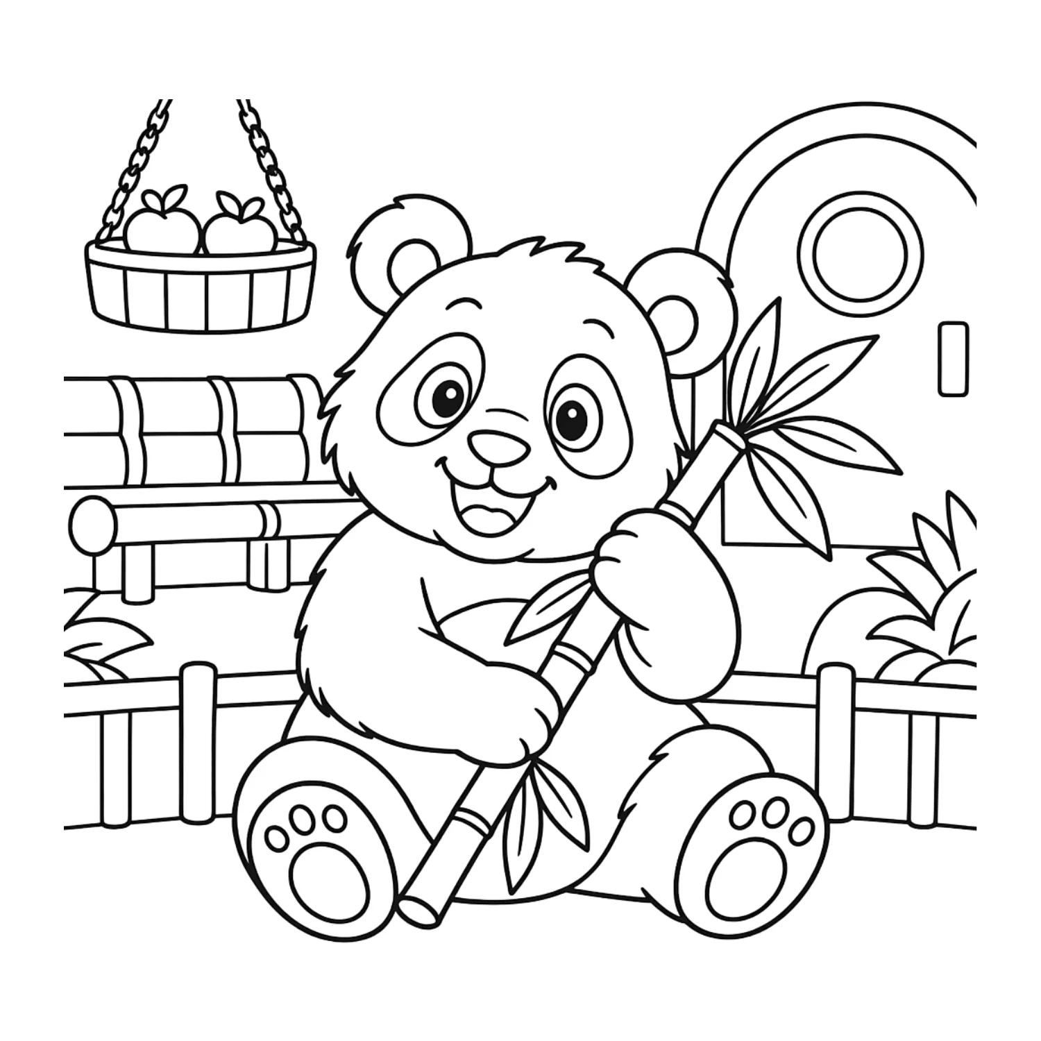 Panda mit Bambus als Ausmalbild im Malbuch Zootiere