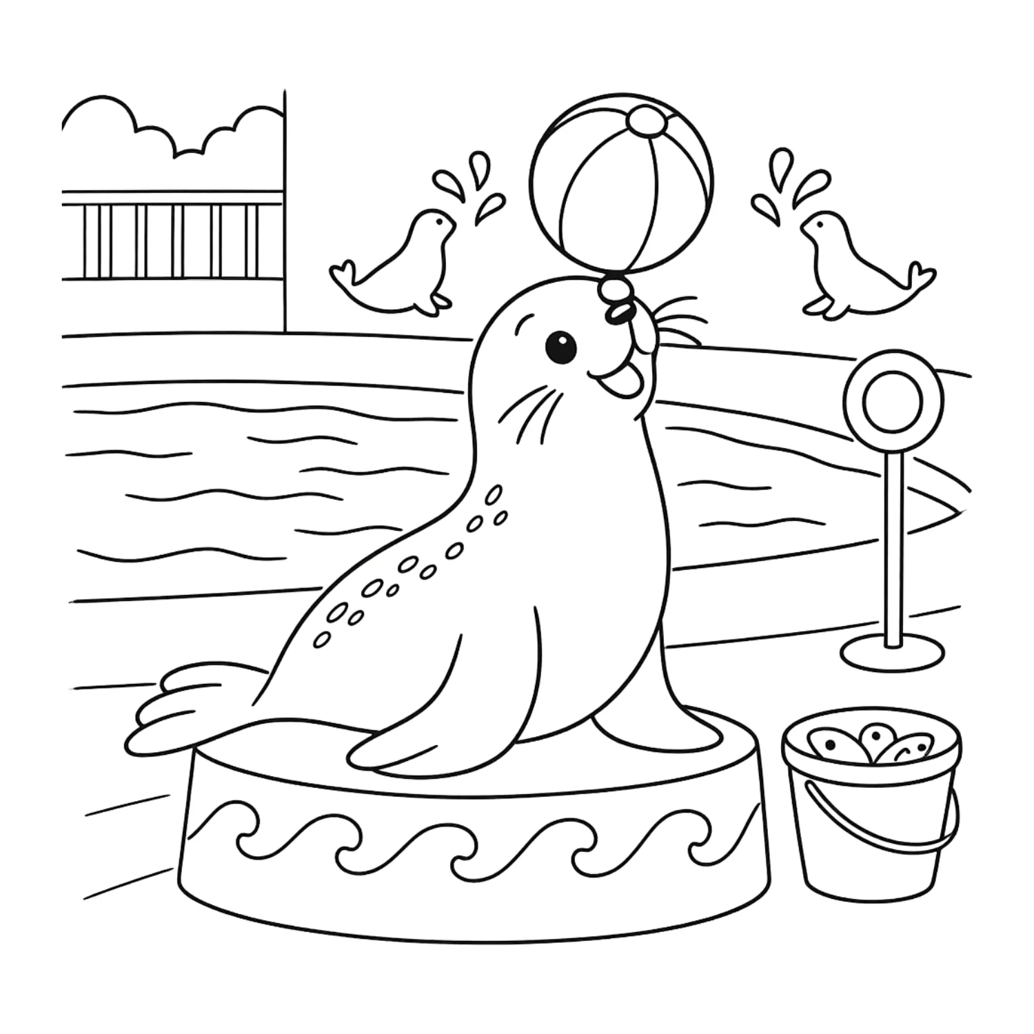 Seelöwe mit Ball als Ausmalbild im Malbuch Zootiere
