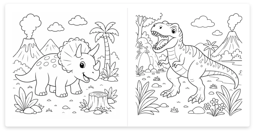 Ausmalseiten mit Dinosauriern aus der Reihe Ausmalspaß – Beispiel 1